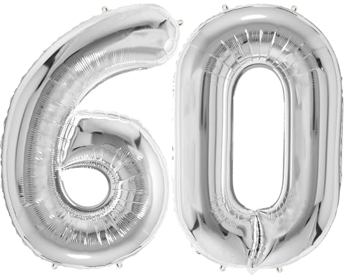 FUNFEST 100 cm silberne Luftballons zum 60. Geburtstag – Geburtstagsballon-Dekoration – inklusive XL-Ballon zum 60. Geburtstag und Strohhalm – Fliegen mit Helium