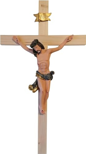 Kaltner Präsente Geschenkidee: 25 cm Wandkreuz Kruzifix aus Holz Fichte natur - Handgemalte Jesus Christus Figur aus hochwertigen Kunstguss aus Resin – Dekoration