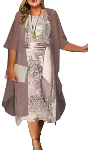 shownicer Ensemble Deux Pièces Robe Elégant Imprimé Floral Robe 2 Pièces Robe et Cardigan Casual Party Soirée Robe Longue A Rose Clair XXL