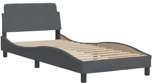 vidaXL Cadre de Lit Dover, Lit Rembourré avec Sommier à Lattes, Lit Simple avec Pied, Lit Adulte de Chambre, Gris Foncé 90x200 cm Velours