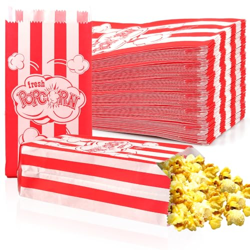 200 Pcs Sachet Pop Corn, Petites Popcorn Boîtes 9 x 6 x 21 cm, Cinéma Sac à Pop Corn Oléophobes pour Popcorn Machine, Boîte à Pop corn Vintage à Rayures Rouges pour Party, Carnival