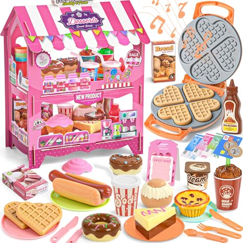 Postres Comida Juguete Cocinita Infantil con Soporte para Dulces Maquina Gofres Luz y Sonido Accesorios Cocina Heladeria Juguete Montessori Juegos de rol Regalo Niña 3 4 5 6 Años Rosa, 30*18.5*48cm