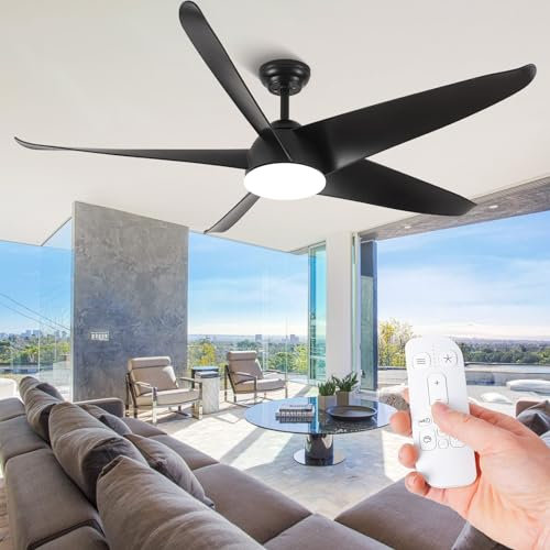 Ventilatori Da Soffitto Neri Moderni Da 152 Cm Con Luci, Grandi Ventilatori Da Soffitto Per Esterni Con Telecomando, Ventilatore Da Soffitto Con Motore Cc Reversibile Per Uso Interno Esterno