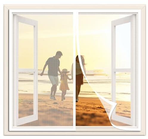Magnetischer Fliegengitter 125x135cm katzennetz,Vorhang Fliegenvorhang Moskitonetz für BalkonFenster Wohnzimmer TerrassenFenster Automatisches Schließen,Klebemontage ohne Bohren,Weiß