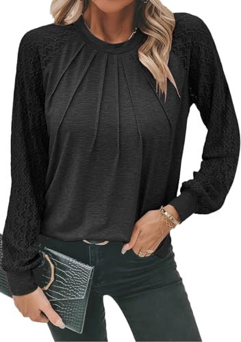 Chicrise Maglia Maniche Lunghe Pizzo Donna Camicia Plissettato Scollo Rotondo Top Moda Casual Nero Large 42-44