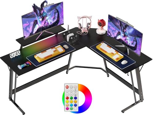 Devoko L Shaped Gaming Desk Computer Desk with LED Lights 160cm Corner Gaming Desk Large PC Monitor Stand for Home and Office,Carbon Fibre Black