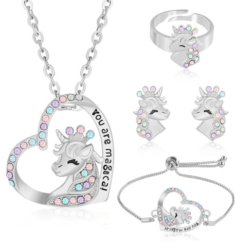 Ensemble de Bijoux Licorne pour Fille,4PCS Licorne Ensemble de Bijoux,Bijoux Enfants comprend collier, bagues, bracelets, boucles d'oreilles, Princesse Bijoux Habiller Jeu Anniversaire Cadeau (Argent)