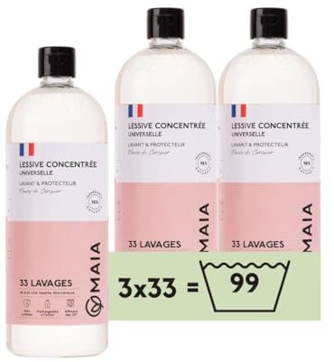 MAIA - Lessive Naturelle Fleurs de Cerisier 3L - 99 lavages - Lavage en Machine - Efficacité Anti-Taches - Formule Sans Allergènes - Emballage Écologique - Fabriquée en France