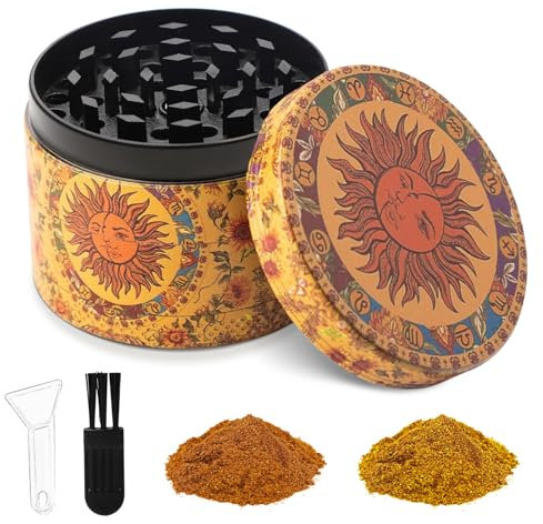 LHOEST Grinder Effriteuse, Grinder metal pour moulin a sel epices poivre, Grand broyeur 5 cm avec grattoir et brosse en plastique (Petit Soleil)
