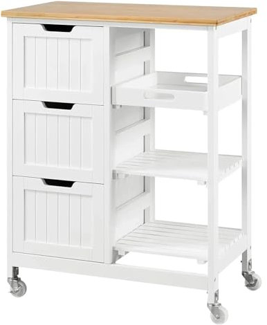 Carrito de isla de cocina con ruedas con almacenamiento y parte superior de madera maciza con cajones, 3 estantes extraíbles, mesa de isla de cocina blanca