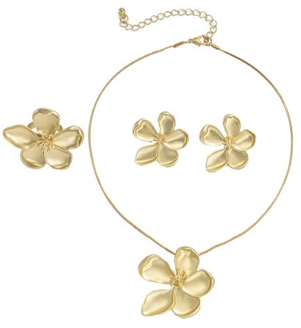 FDEETY 3Stück Schmuck Set Blumen Schmuckset 14K Vergoldetes Halskette Ring Ohrringe Schmuck Set Blumen Anhänger Silberschmuckset Geburtstag Valentinstag Geschenke für Frauen Mädchen