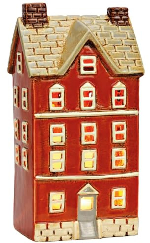 Windlicht Nostalgie Dekohaus aus Steingut als Weihnachtsdeko - Rotes Lichthaus 12 x 24 cm Kerzenhalter für Weihnachten & Herbst - Lichterhaus Teelichthalter als Tischdeko, Fensterbank & Winterdeko