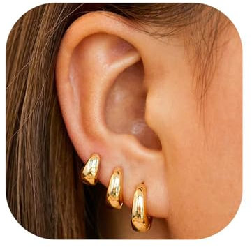 Kabwea 6 Pcs 14K Kleine Chunky Creolen Ohrringe Set für Damen, 14K Gold Plattiert, Leichte Gold Creolen, Helix Piercings,Piercing Gold,Piercing Ring Gold, für Frauen (1 Paar)