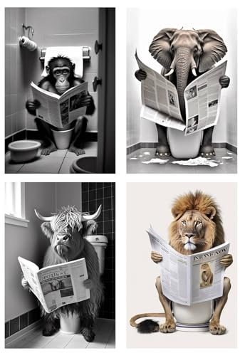 YILANJIN Posters Décoratifs, 4 PCS Images Décoratives d'Animaux de Salle de Bain, Noir et Blanc Mignon Image Animal, Tableau sur Toile Noir et Blanc pour Chambre à Coucher, Toilettes, Salon (21×30 cm)