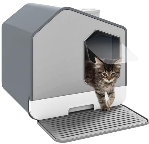 YITAHOME Cat Litter Box Large Enclosed Pullout Cat Litter Tray - High Sides Gray House Litter Pan with Scoop & Mat Slide Out Tray XXL Covered Easy Clean Litter Tray (Gary)