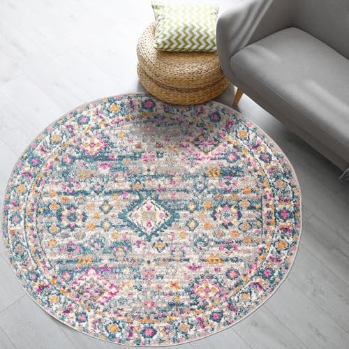 Mazovia Teppich - Bunt Mehrfarbig Modern Ethnisch Teppich für Wohnzimmer, Schlafzimmer, Esszimmer, Büro - Kurzflor Rund - ÖKO-TEX Zertifiziert - Orientalisch Teppiche - Grau Bunt - 120 x 120 cm