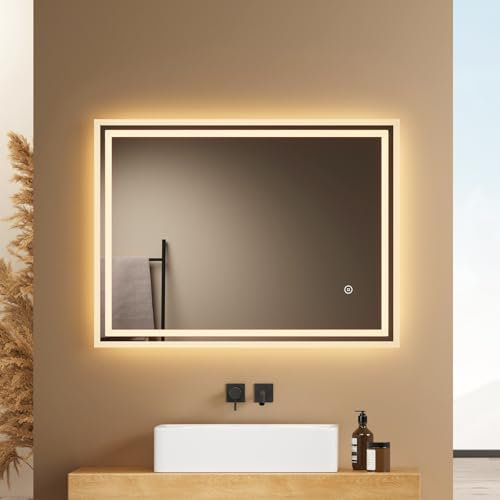 EMKE Badspiegel mit Beleuchtung 80x60cm, Badezimmerspiegel mit Antibeschlag, 3 Lichtfarben dimmbar, Touch, Speicherfunktion und automatischer Abschaltung nach 3 Stunden, ideal für Badezimmer