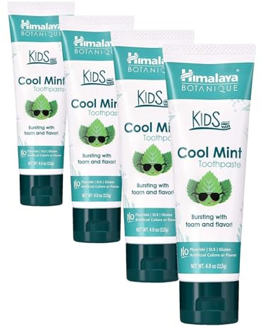 Hiamalaya Botanique Kids Toothpaste |Cool Mint Flavor Reduces plague makes teeth stronger| Fluoride free, vegan & gluten free- 80g (Packung mit 4)