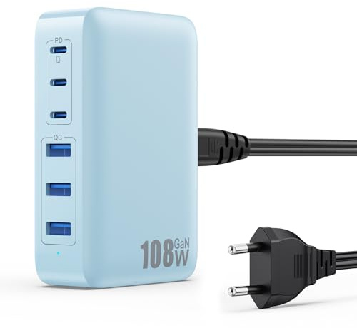 108W USB C Ladegerät Mehrfach, 6 Ports GaN III Schnellladegerät Ladestation mit 3 PD + 3 QC Charger Station, Charger USB Hub C Netzteil für iPhone 16/15 Airpod iPad Sumsung Switch usw
