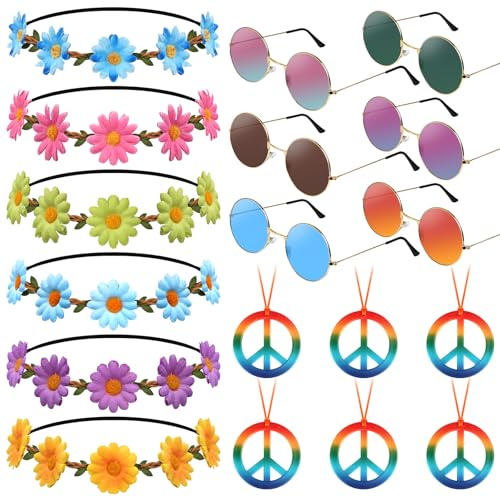 GXFCING Hippie Accessoires, 18 Stück Hippie Kostüm Damen Herren Zubehör, Brille Peace Kette und Gänseblümchen Stirnband für 60er 70er Jahre Party Kostümdekorationen