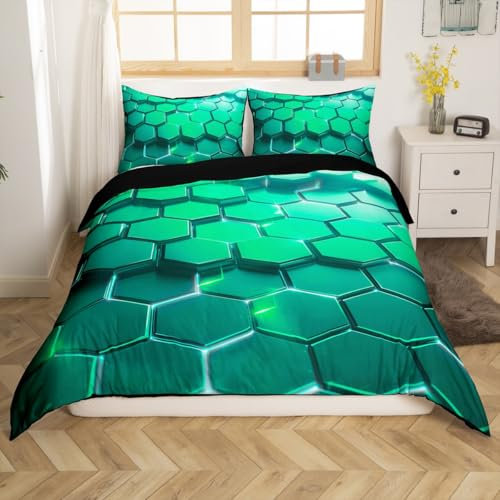 Loussiesd Honeycomb Bettwäsche Set 135x200cm Grün 3D Geometrisches Muster Betten Geometrische Wabe Bettbezug Realistic Drucken Bettwäsche-Set Sechseckige Moderne Kunst