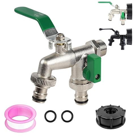 Double Outlet Garden Tap, 1/2 Dual Outdoor Taps & Splitter 2 Way Kit - Zinc Alloy Outside Rustproof Antifreeze Faucets with 2 Washer, 1 Teflon Tape, 1 Ton Barrel Cover(Green)