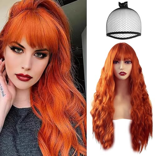 EDLMKM 26'' 66cm Long Orange Wavy Full Hair for Women Girls, Curly Wavy Synthetic Wigs with Fringe, Natural Full Long Curly Wig for Party Cosplay Halloween Anime Daily Use