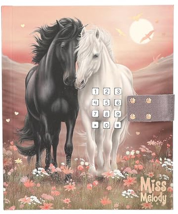 Depesche 13998 Miss Melody - Tagebuch mit Zahlen-Code und Sound, in Rosé und Rot, mit Pferde Motiv und Blumen, inkl. 80 fein linierten und bunt illustrierten Seiten