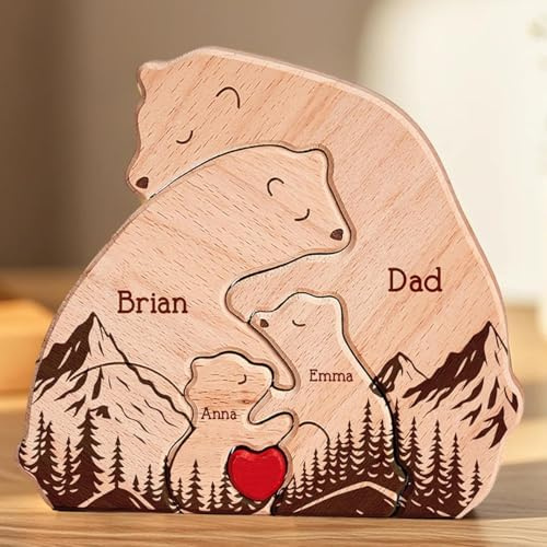 VEELU Personalisiertes Holzkunstpuzzle der Bärenfamilie mit 1-8 Namen| Holz Bär Skulpturen Desktop Ornament Home Tischdekoration, Geschenk für Familie| Bürodekoration (Kuschelbär 4)