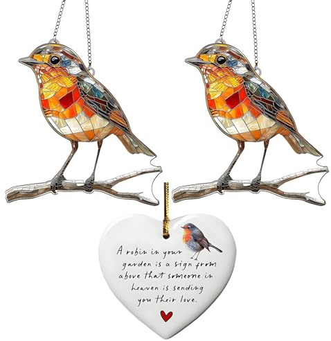 3 PCS Robin Suncatcher, Robin Ornaments for Garden, RoBin Gifts Hanging Ornaments Robins Suncatcher and Heart Ornament Set Suitable for Living Room Window and Outdoors Decoration