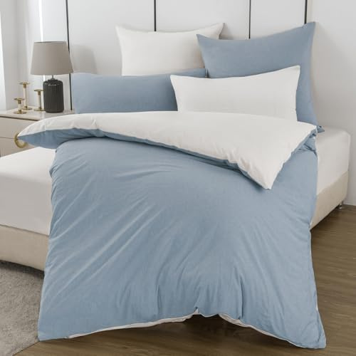 Nesture Bettwäsche 140x200 Baumwolle Hellblau/Weiß - Bettwäsche-Sets 2teilig Weich, 100% Gewaschene Baumwoll, Enthält 1 Bettbezug 140x200cm und 1 Kissenbezug 80x80 mit Reißverschluss