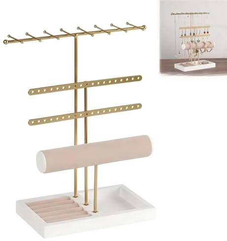 XingFuDM Gold Schmuck Organizer, 4 Etagen Schmuckständer mit 16 Haken Halsketten, 18 Ohrringlöcher, Plüsch Halter für Uhren Armbänder, Ringaufbewahrung, abnehmbarer Schmuckdisplay