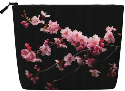 Japonais Cherry Flowers Waterproof Maquillage Bag Faux Chanvre, Grand Organisateur Cosmétique Voyage Zippered Pouch