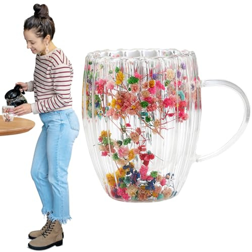 Dried Flower Mug - Natural Petal Design Tumbler, Artistic Tea Container, Decorative Kitchen Utensils | Christmas Birthday for Best Friend Teacher Mom Ideas ca