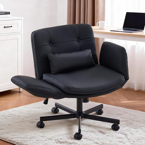 SAMERY Homeoffice Stuhl, Schreibtischstuhl, Drehstuhl, Schminkstuhl mit klappbaren Armlehnen, Höhenverstellbar, 360° drehbar, Doppellagiger Breitsitz, für Arbeitszimmer Schlafzimmer (Schwarz, 9300)