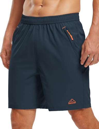 donhobo Sport Shorts Herren Sommer Laufshorts Atmungsaktiv Schnelltrocknend Sporthose Leicht Kurze Hose für Gym Training mit Reißverschlusstasche (Dunkelblau ogange, XL)