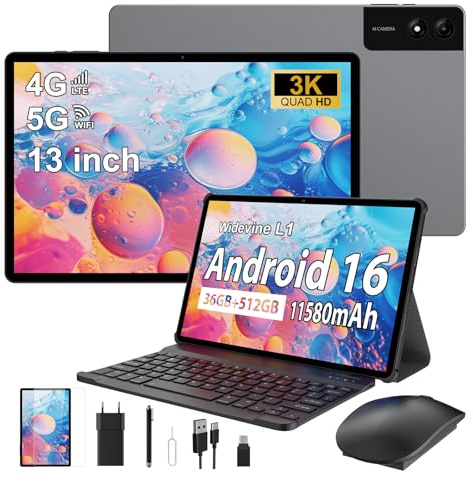 RUSHAR 3K Tablet 13 Pollici Android 16 con 36GB RAM+512GB ROM(TF 2TB), 4G LTE & 5G WiFi,11580mAh/Octa Core/Gemini AI/13MP+8MP/18W/90Hz/GPS/Widevine L1/BT 5.0, Tablet con Tastiera, Grigio