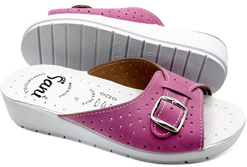 Ciabatte Donna Estive Comode Pantofole in Vera Pelle con Fibbia Regolabile a Punta Aperta Sandali Sanitari con Fascia