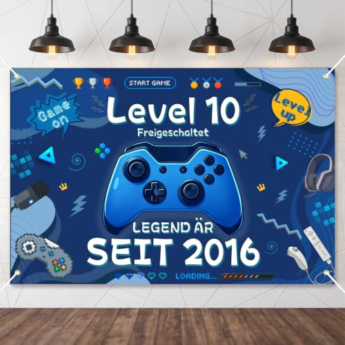 10. Geburtstag Banner 150x100cm Gamer Party Deko Level 10 Foto Hintergrund | XXL Gaming Controller Geburtstagsdeko Girlande, Videospiel Themen Schild Poster, Partybanner für Junge Kindergeburtstag