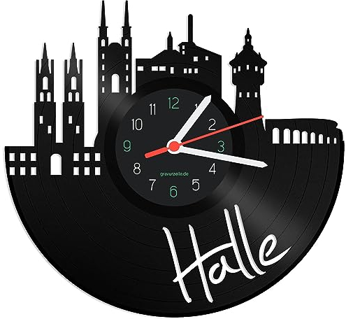 GRAVURZEILE Schallplattenuhr - Skyline Halle - Wanduhr aus gegossenem Vinyl mit Stadt Skyline 30 cm - Upcycling Designer Uhr - Moderne Wanduhr im Retro Vintage Style - Made in Germany