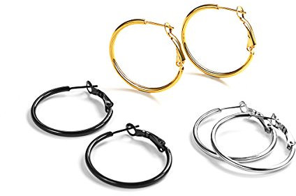 FOCALOOK 3 Paare Hoop Ohrringe Set Creolen Große Runde Kreis Ohrringe 30mm Gold/Silber/Schwarz Elegant Ohrschmuck für Frauen Mädchen Bürodamen
