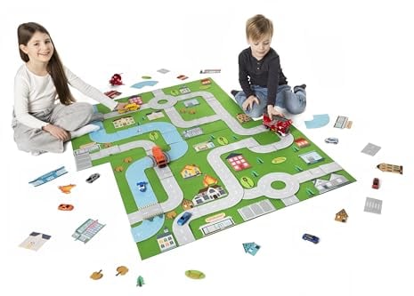 Filzglück Flexible Spielstraßen, Stadtplanung, Spielmatte zum Selbstgestalten, Autospielzeug, 70 Klett-Teile, 75 x 104 cm