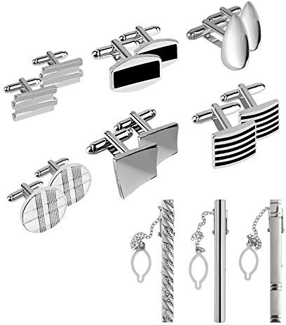 TUPARKA Boutons de Manchette et Pinces à Cravate Coffret Cadeau pour Homme Personnalisé Rétro Rayé Manchette Boutons De Manchette Classique Cravate Épingle pour Costume Chemise Ton Argent