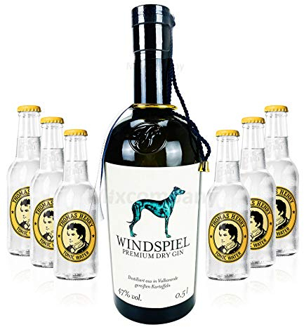 Windspiel Premium Dry Gin 0,5l (47% Vol) + 6x Thomas Henry Tonic Water 0,2l MEHRWEG Bar Longdrink Cocktail Sammlung Gin Tonic inkl. PFAND- [Enthält Sulfite]