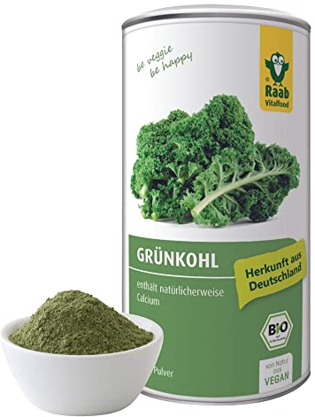 Raab Vitalfood Bio Grünkohl-Pulver aus Deutschland, frei von Zusätzen, vegan, glutenfrei, enthält natürlicherweise Calcium, 190 g Pulver Dose, Grünkohl aus Deutschland