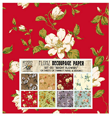 Decoupage Paper Pack (24 Sheets 6x6) Bright Flowers FLONZ Vintage Styled Paper for Decoupage and Craft
