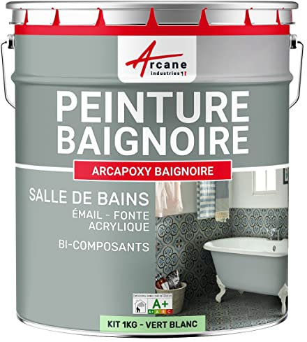 Peinture BAIGNOIRE LAVABO : Résine Salle de Bain pour Baignoire émail, acrylique et fonte - 1 kg (jusqu'à 3 m² en 2 couches) Vert Blanc - RAL 6019 - ARCANE INDUSTRIES