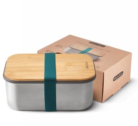 BLACK + BLUM BAM-SB-L005 Plastic Free Meal Prep Lunch Box Food Container with Bamboo Lid, Ocean Sandwich, Stainless Steel (304/18-8), Silicone, Anti-Bacterial, 1.25 liters