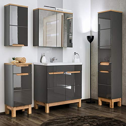 Lomadox Badmöbel Set, Hochglanz grau mit Wotaneiche, 80cm Waschtisch-Unterschrank mit Keramik-Waschbecken & LED-Spiegelschrank