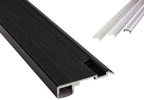 B-WARE - T-STA LED Alu Treppenprofil Treppenwinkel Profil Stufen schwarz + Abdeckung 2m milky